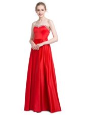 Red Empire Elastic Woven Satin Sweetheart Sleeveless Beading Floor Length Zipper Prom Party Dress