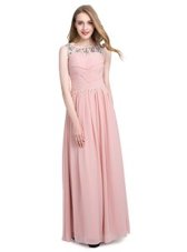 Chic Scoop Sleeveless Chiffon Floor Length Zipper Hoco Dress in Baby Pink for with Beading