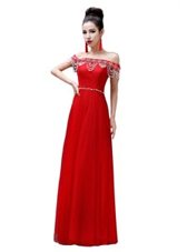 Luxury Off the Shoulder Beading Dress for Prom Red Lace Up Sleeveless Floor Length
