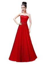 Colorful Red Empire Strapless Sleeveless Chiffon Floor Length Lace Up Beading Prom Evening Gown