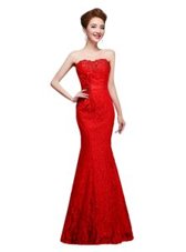 High End Floor Length Mermaid Sleeveless Red Formal Evening Gowns Lace Up