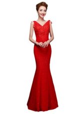 Glittering V-neck Sleeveless Lace Up Prom Dress Red Lace