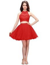 Luxurious Coral Red Sleeveless Beading Mini Length Dress for Prom