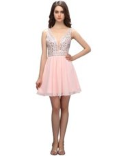 Popular Knee Length Baby Pink Prom Gown V-neck Sleeveless Zipper