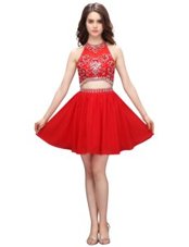 Stylish Coral Red High-neck Zipper Beading and Appliques Dress for Prom Sleeveless