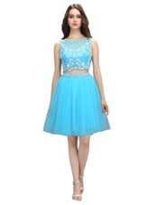 Discount Scoop Baby Blue Empire Appliques Party Dress Backless Tulle Sleeveless Knee Length