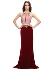 Suitable Wine Red Prom Party Dress Prom and Party and For with Beading and Appliques Scoop Sleeveless Sweep Train Criss Cross