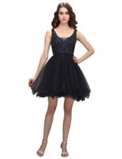 Romantic V-neck Sleeveless Dress for Prom Mini Length Beading Black Organza
