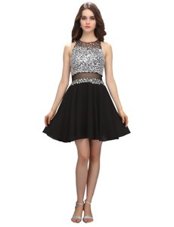 New Style Scoop Sleeveless Prom Evening Gown Mini Length Beading Black Chiffon