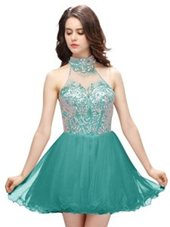 Great High-neck Sleeveless Prom Dress Mini Length Beading Teal Organza