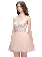 Great Pink A-line Beading Dress for Prom Zipper Organza Sleeveless Mini Length