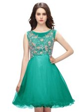 Modest Scoop Peacock Green Zipper Prom Dresses Embroidery Sleeveless Mini Length
