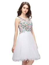 Free and Easy Scoop Sleeveless Mini Length Beading and Embroidery Zipper Evening Dress with White