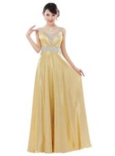 Dynamic Floor Length Gold Prom Dress V-neck Sleeveless Zipper