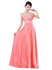 Traditional Floor Length Baby Pink Prom Gown Elastic Woven Satin Sleeveless Beading