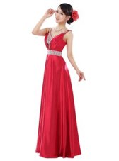 Fancy V-neck Sleeveless Elastic Woven Satin Dress for Prom Beading Zipper
