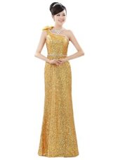 Sweet Gold Sequined Zipper One Shoulder Sleeveless Floor Length Dress for Prom Beading and Sequins