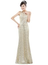 Low Price One Shoulder Champagne Sequined Zipper Prom Gown Sleeveless Floor Length Beading and Sequins