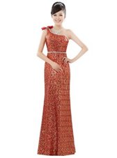 Glittering Orange Column/Sheath One Shoulder Sleeveless Sequined Floor Length Zipper Beading and Sequins Prom Gown
