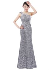 High Class Silver Dress for Prom Prom and Party and For with Sequins One Shoulder Sleeveless Zipper