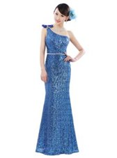 One Shoulder Baby Blue Column/Sheath Sequins Prom Gown Zipper Sequined Sleeveless Floor Length