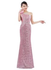 Customized Baby Pink Column/Sheath One Shoulder Sleeveless Sequined Floor Length Zipper Sequins Prom Gown