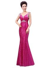 Designer Rose Pink Column/Sheath Sequined V-neck Sleeveless Sequins Floor Length Zipper Prom Evening Gown
