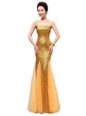 Cute Mermaid Gold Sequined Zipper Sweetheart Sleeveless Floor Length Evening Dress Sequins