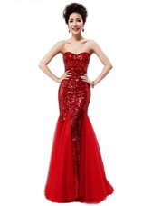 High Class Mermaid Coral Red Strapless Zipper Sequins Prom Evening Gown Sleeveless