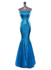 Perfect Mermaid Strapless Sleeveless Dress for Prom Floor Length Sequins Blue Sequined