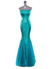Shining Mermaid Aqua Blue Sleeveless Floor Length Sequins Zipper Evening Wear