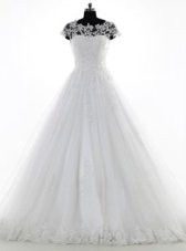 High End Scoop White Short Sleeves Brush Train Lace and Appliques With Train Bridal Gown