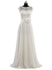 Scoop White Cap Sleeves Lace and Hand Made Flower Floor Length Wedding Dresses