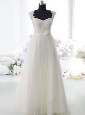 Latest White Tulle Side Zipper Square Sleeveless Floor Length Wedding Gowns Lace and Hand Made Flower