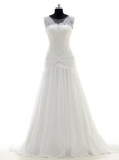 Popular Scoop White Chiffon Side Zipper Wedding Gown Sleeveless With Brush Train Lace