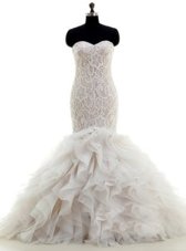 Stylish Mermaid White Sleeveless Brush Train Lace and Ruffles With Train Wedding Dresses