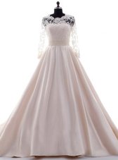 Top Selling Scalloped Pink Clasp Handle Wedding Gown Beading and Lace 3|4 Length Sleeve With Brush Train