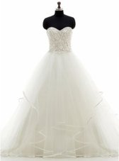 Popular White Organza Lace Up Wedding Dress Sleeveless With Brush Train Beading and Ruffles
