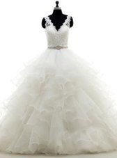 Elegant Sleeveless Organza With Brush Train Backless Wedding Gown in White for with Beading and Lace and Ruffles