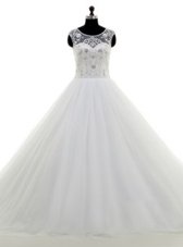 Scoop Sleeveless Wedding Gowns With Brush Train Beading White Tulle