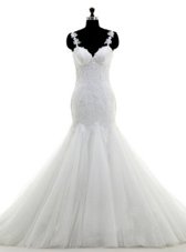 Sumptuous Mermaid With Train White Wedding Dresses Tulle Brush Train Sleeveless Appliques