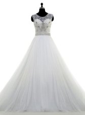 Smart White A-line Tulle Scoop Sleeveless Beading With Train Clasp Handle Bridal Gown Brush Train