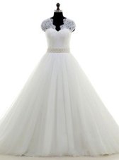 Suitable White Ball Gowns V-neck Cap Sleeves Tulle With Brush Train Clasp Handle Beading and Lace Wedding Gown