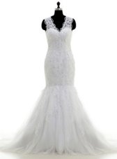 Great Mermaid White Clasp Handle V-neck Beading and Lace and Appliques Bridal Gown Tulle Sleeveless Brush Train