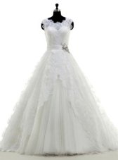 Shining White Scoop Clasp Handle Beading and Lace and Appliques Wedding Gowns Brush Train Sleeveless