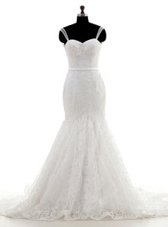 Sumptuous Lace With Train Mermaid Sleeveless White Wedding Gowns Brush Train Backless