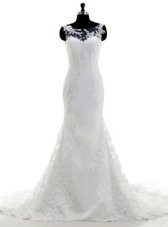 Scoop Lace With Train Mermaid Sleeveless White Bridal Gown Brush Train Clasp Handle
