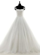 Sumptuous With Train Lace Up Wedding Dress White and In for Wedding Party with Lace and Appliques Brush Train