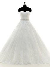 White A-line Sweetheart Sleeveless Tulle and Lace With Brush Train Clasp Handle Beading and Lace and Appliques Wedding Gowns