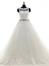 Scalloped White A-line Beading and Lace and Appliques Wedding Gowns Clasp Handle Tulle Sleeveless With Train